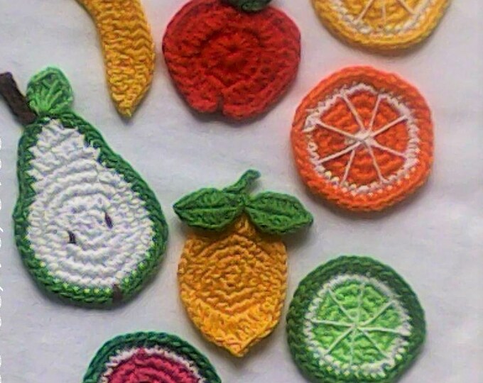 9 Piece Fruit Plate Crochet Applique Banana Red Apple Lemon Orange Pear Kiwi Lime Watermelon Lemon Slice