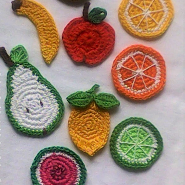 9 Piece Fruit Plate Crochet Applique Banana Red Apple Lemon Orange Pear Kiwi Lime Watermelon Lemon Slice
