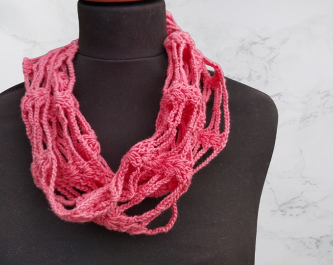 Crocheted scarf - pink infinity scarf - crochet scarf with grate rose pink cotton