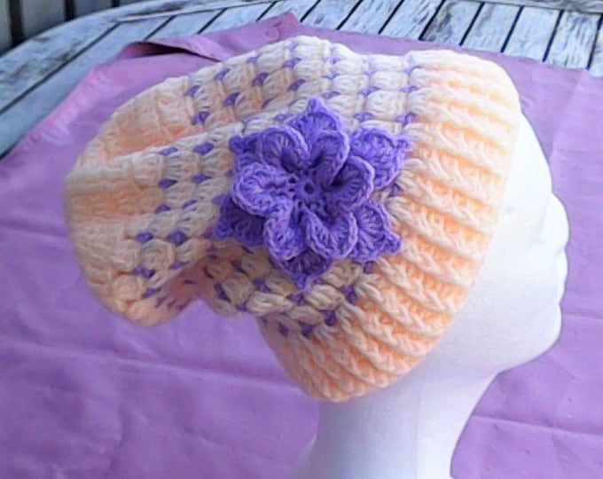 Apricot Slouch Hat with Purple Flower apricot Cap with Flower Crochet Slouch Hat Off Crochet Cap Winter Cap with Flower Purple Crochet Teeny Hat