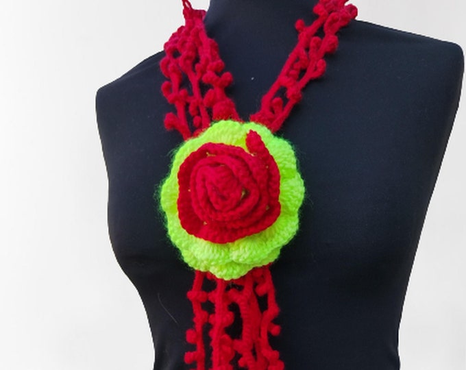 Autumn Crochet Scarf Flower Necklace Scarf Red Lariat Scarf Necklace Lariat Scarf with red thorns and a crochet flower in red and neon green