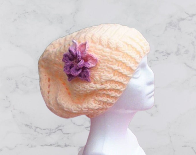 Apricot Slouch Hat with Purple Crochet Flower Cap with Flower Apricot Slouch Hat Made of apricot Beanie Slouchy Beret with Flower Crochet Women's Hat