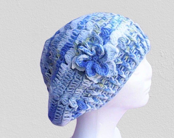 Soft, blue cap, colorful wool cap, crocheted beanie cap, gradient yarn, exclusive unique winter clothing fashion accessory