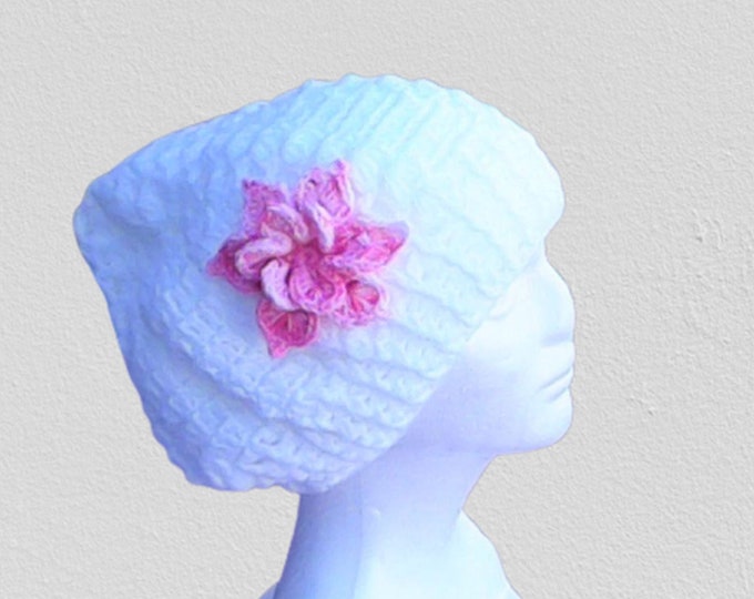 Beanie, white crocheted cap with pink flower, beret crochet, winter fashion unique accessory, white crochet hat unique