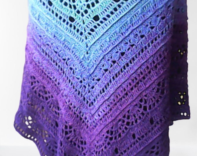 Crocheted Shawl Scarf Crochet Shoulder Wrap - Music Festival, Beach Wrap, Boho Triangle Scarf Purple Blue Gradient