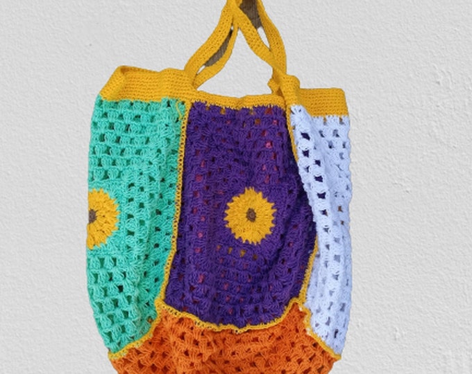 Crochet sunflower granny square bag, crossbody bag, student bag, flower cochet tote bag, crochet granny square bag