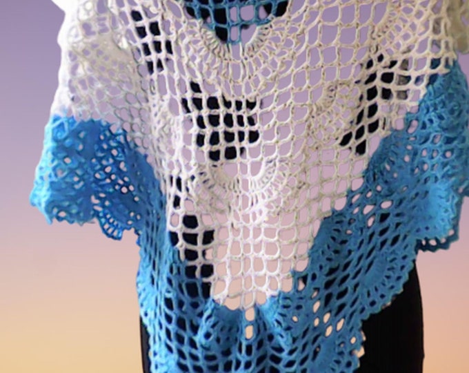 Crocheted triangular cloth blue white, pastel switch cloth, stole, virus cloth for summer fashion