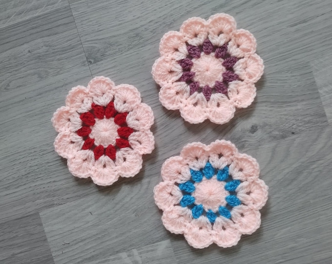 Flower Round Crochet Coasters, Christmas Gifts, Home Decor for Fall Winter, Soft Cute Coasters, Handmade Sustainable