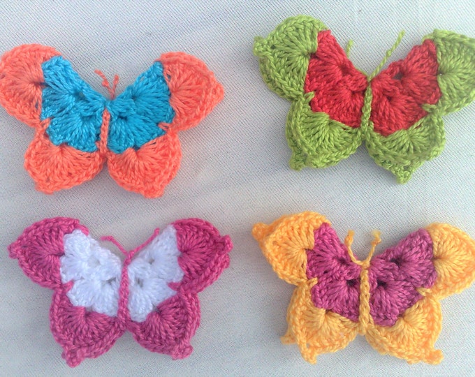 Butterflies, 4 pieces crocheted butterfly applications three-dimensional in a colorful mix