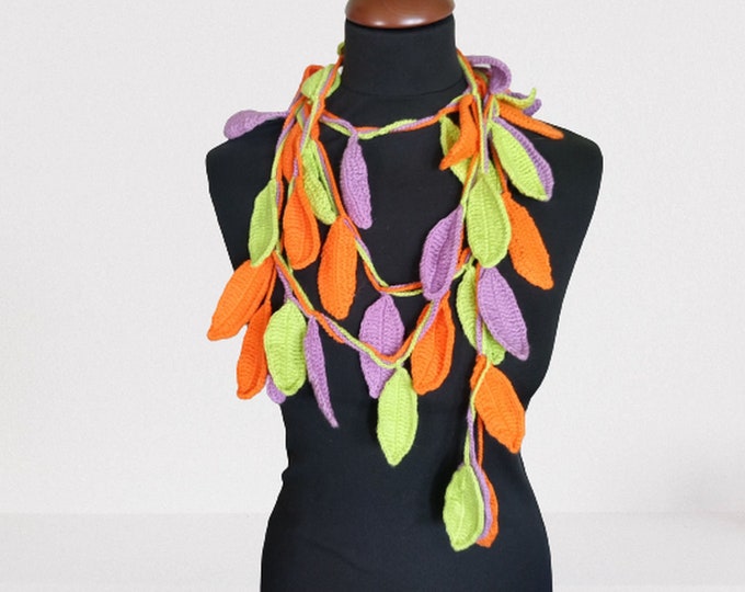 Autumn fashion lariat scarf with green, purple and orange leaves