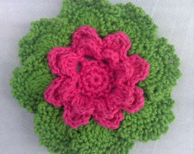 Crochet flower applique 3.5 inch embellishment in pink and green cotton