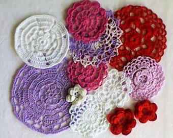 Red purple pink white crochet small mats and crochet flowers for scrapbooking, crafts, sewing accessories and cards design 12 pieces 4 cm to 15 cm