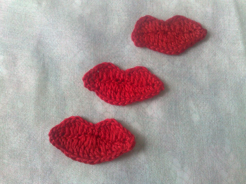 Red lips crocheted, 3 pieces crocheted mouth crochet application, lip patch, bulging red cotton lips image 3