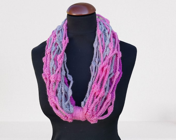 Thorny crochet necklace scarf, crochet lariat scarf, crochet jewelry scarf, pink crochet necklace, unique scarf, crochet modern necklace