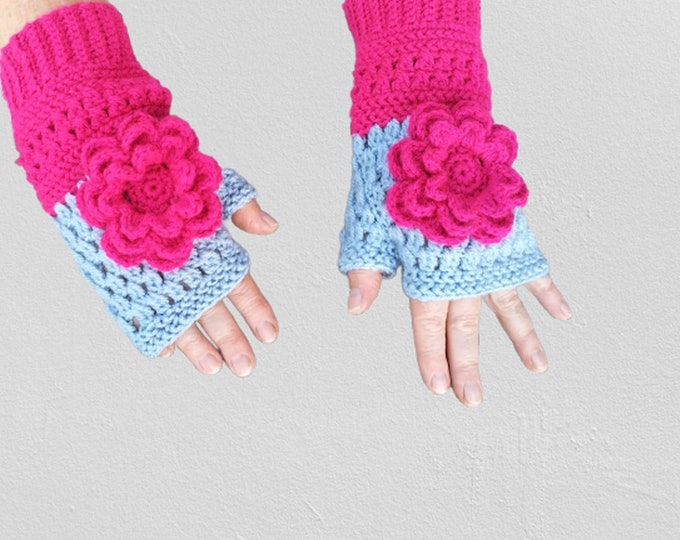 Crocheted fingerless gloves with large pink crochet flower, winter gloves, gloves, crocheted warm hand warmers