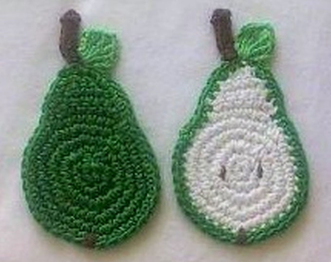 2 green crochet applications pear and pear slice