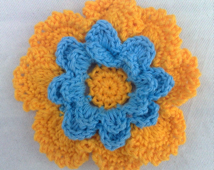 Applique hand crocheted flower colors yellow and blue cotton 3.5 inches