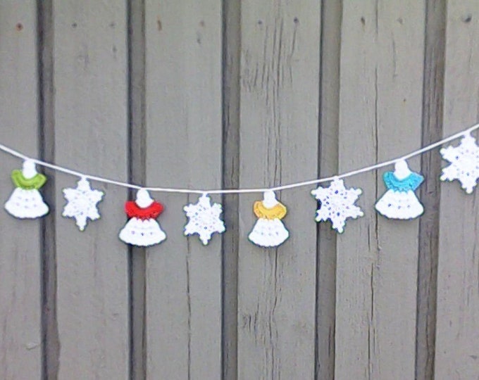 Angel garland, crochet white Christmas garland with 4 angels and 5 snowflakes for tree hanging and Christmas decoration