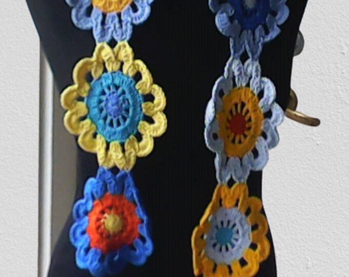 Crocheted scarf, long scarf, woman scarf, colorful scarf, blue, yellow, length 99 inches