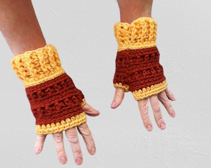 Gloves handmade fingerless gloves crocheted fingerless gloves arm warmer wristwarm women gloves brown yellow