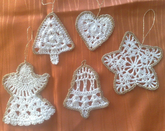 Christmas Ornaments Set (Quantity 5) Crochet Jewelry, Christmas Decorations Julfest Ornament Crocheted Ornament Star, Tree, Angel, Bell Heart