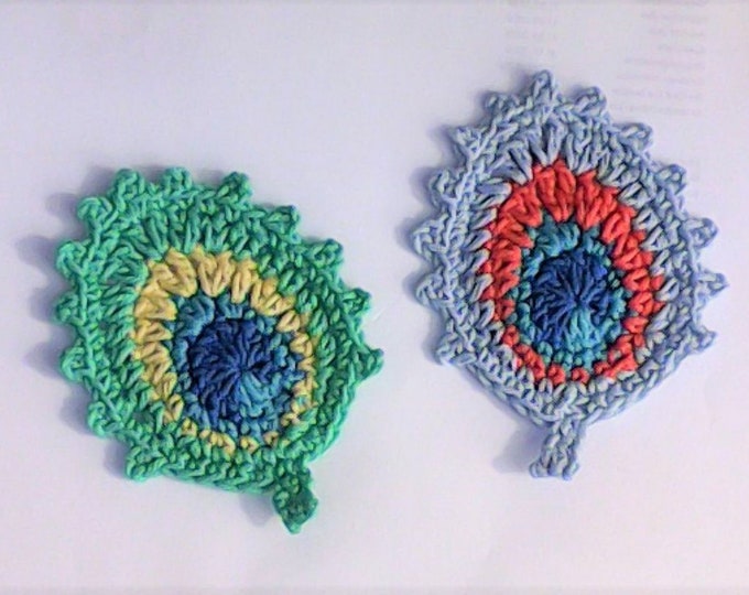 2 piece peacock feather applique crocheted patch feathers crochet stem book scrapbooking