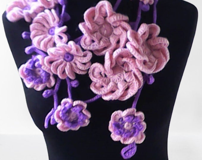 Women crochet floral girl scarf necklace in light pink and purple, natural pastel colors 91"