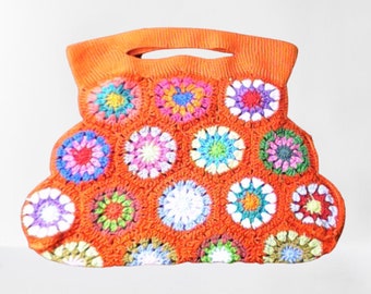 Granny Square Häkeltasche, Schultertasche, süße Tasche braune Baumwolle, grüne gehäkelte  Tasche, Tragertasche Oma Quadrat