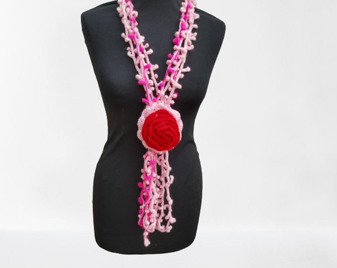Fall Crochet Scarf- Flower Necklace Scarf- Multicolor Lariat Scarf- Necklace Lariat Scarf- Shades of Pink and Red Scarf