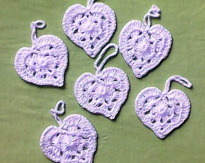 Crocheted hearts made of pure white cotton, 6 pieces in a set