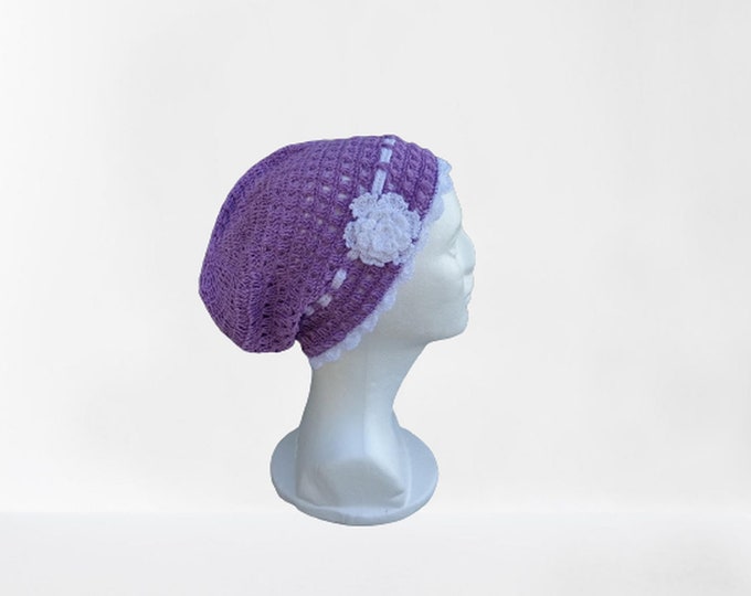 Summer Crochet Cap Women Girls Light Slouchy Beanie Cap Cap, Spring Fashion Light Purple Cap with White Crochet Flower