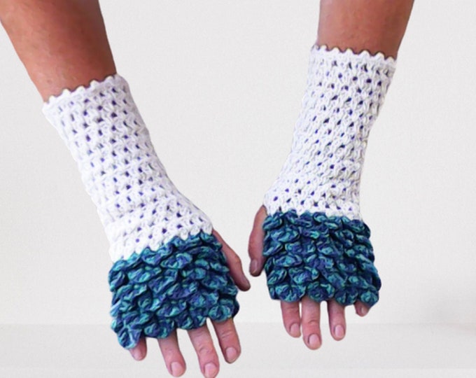 Dragon Scale Fingerless Gloves Arm warmer natural white turquoise dark blue women gift crochet