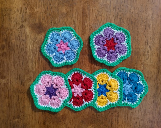 Crochet Coasters African Flower 9cm Drinks Mats for Poolside, Bar, Grill. Handmade by crochet shop Setervika