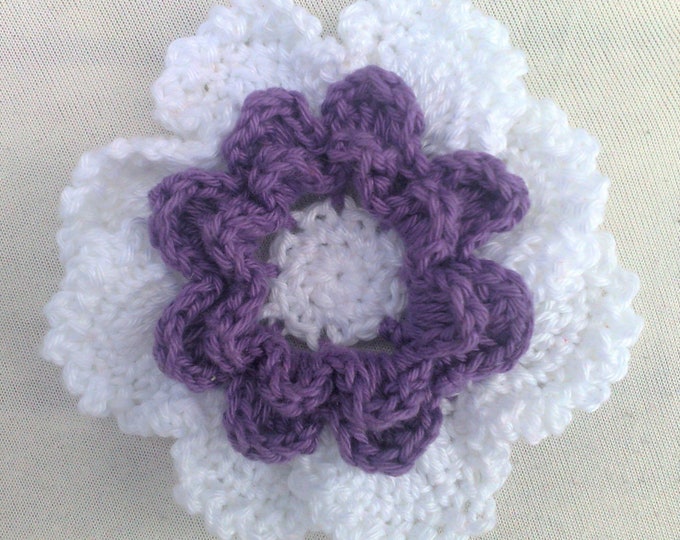 Crochet flower white and purple 3.5 inch tall flower motif layered flower