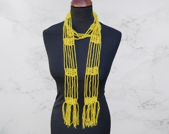 Crochet thin long scarf yellow with fringes length 68"