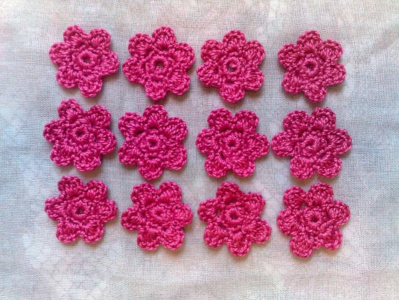 crocheted flower patch in dark pink, 12 pieces