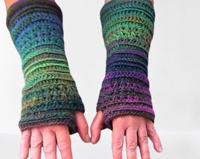 Crochet fingerless gloves, winter gloves, long gloves in purple green gradient