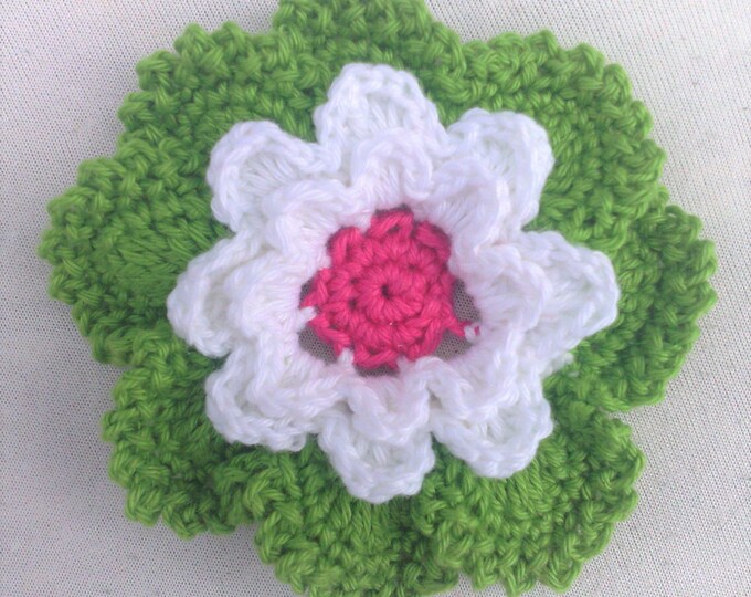 Crochet flower motif 3.5 inches in colors green white and pink for spring