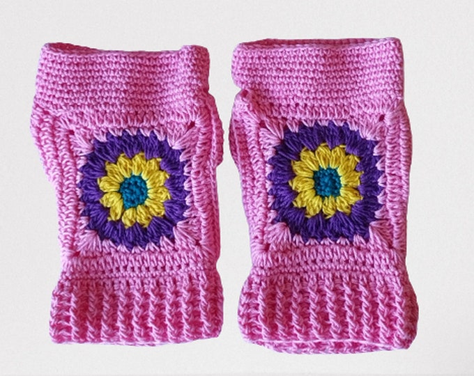 Sunflowers hand crocheted handmade fingerless gloves, hand warmers, cotton gloves, sunflower mittens, crocheted fashion