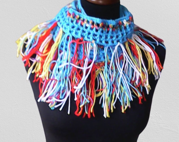 Boho long scarf, crochet Lariat necklace, spring fringe necklace, long wrap scarf with fringe length 106"