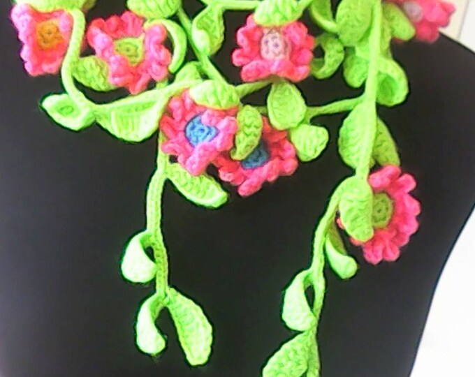 Crocheted Necklace Length 98" Crochet, Lariat Crochet Necklace, Boho Gypsy Crochet Flowers Necklace