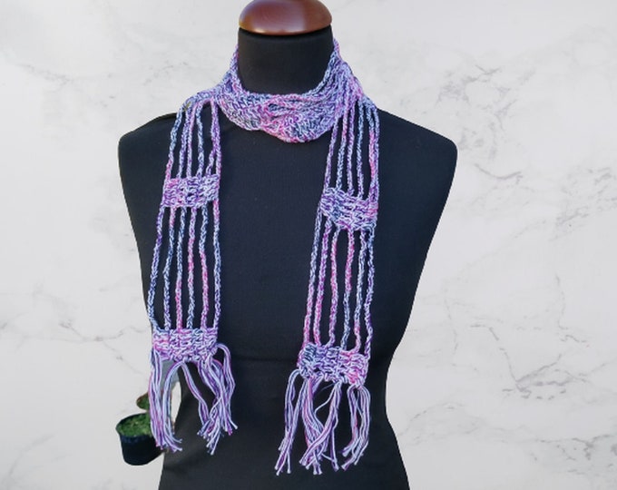 Crochet thin long scarf gradient white, pink and purple with fringes Length 71"