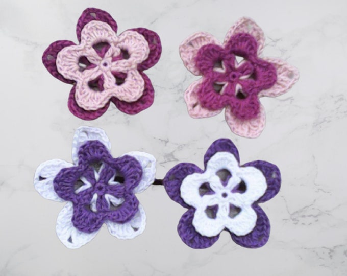 Crochet Flowers 3D Layers,Crocheted Cotton Flowers,Set of 4 Flowers,Pink and Purple Flowers,Floral Decorations,Cotton Flowers,Pink Floral Motifs,6.5 cm