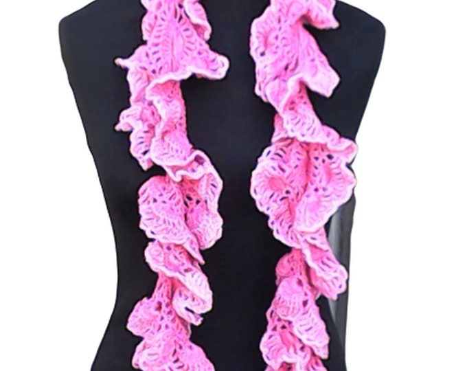 Summer scarf ruffles crochet scarf pink crocheted long necklace fashion accessory length 55"