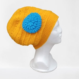 Crochet cap, Women&#39;s cap, Men&#39;s cap, Winter cap, Slouchy Beanie, Boho cap, Penelope Slouchy cap, Wool cap, Tweed yellow with blue flower