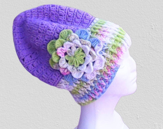 Extra soft cap made of purple wool, purple wool cap for long hair, crocheted cap with large colorful crochet flower, exclusive unique piece