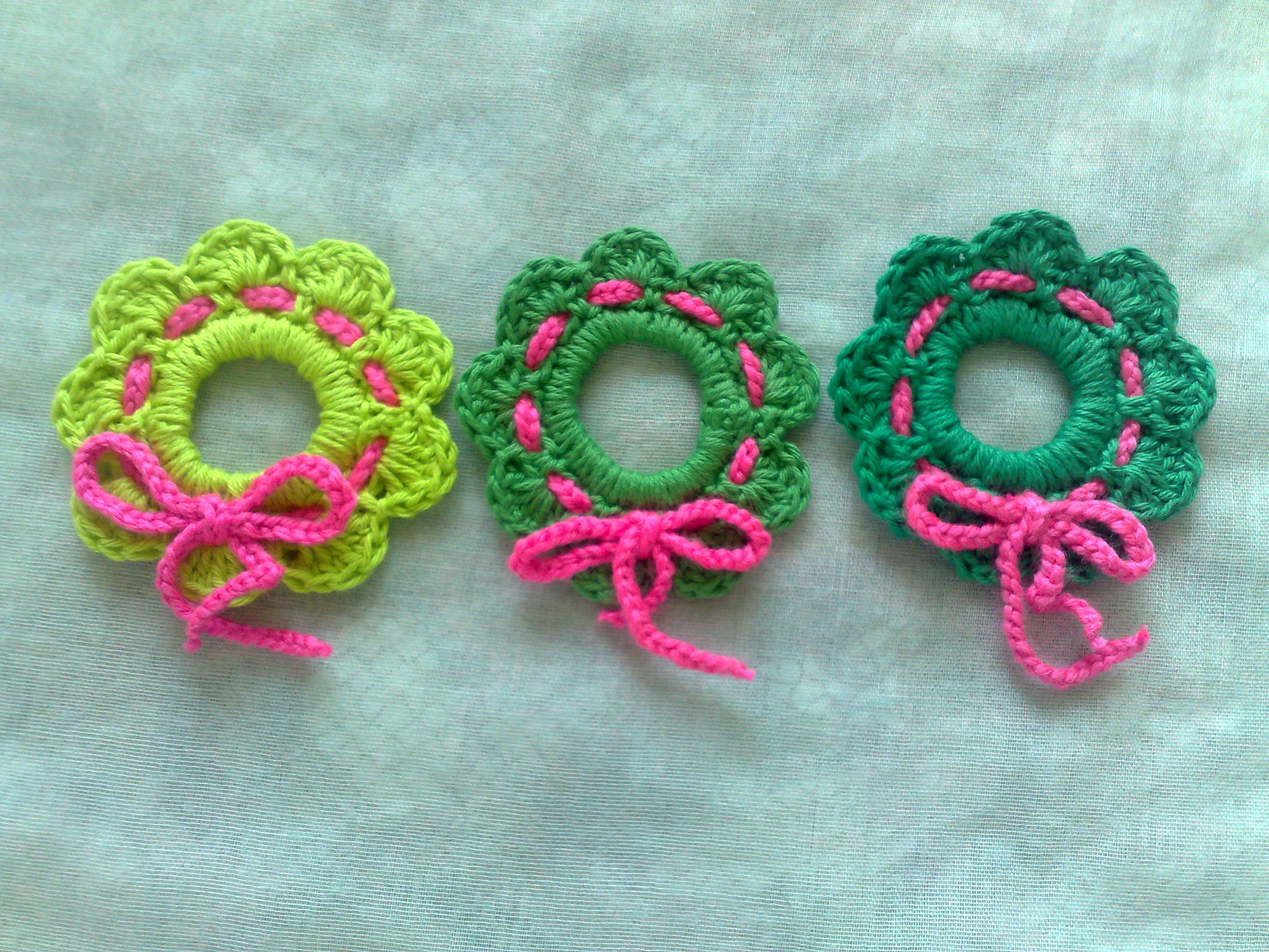 Crochet Christmas wreath hanging tree hanging in three different shades ...