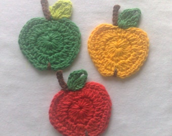 Häkeln Sie Apfel Applikationen Set von 3 handgefertigte Apfel Obst in rot, gelb und grün