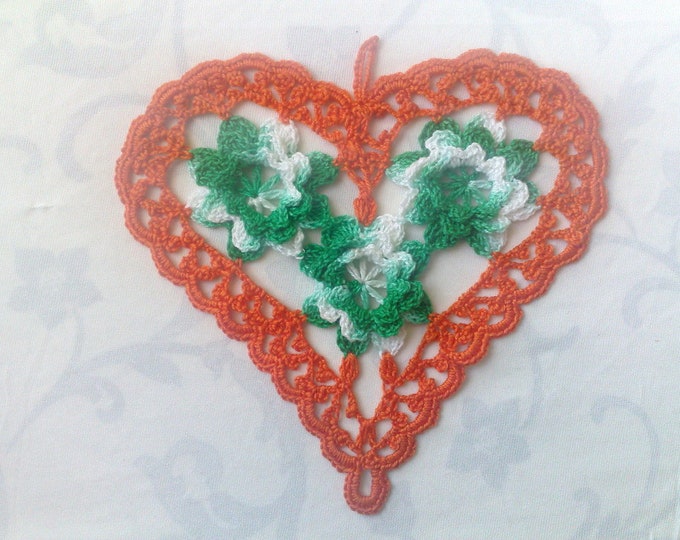 Thanksgiving Mother's Day Gift Colorful Hearts, Colorful Valentines Day Heart in Orange and Green White 3D Crochet Flowers