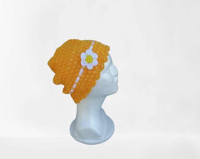 Spring Beanie Cap for Women, Crochet Cap for Women, Yellow Cap with Flower, Crochet Cap, Women's Cap, Women's Accessories, Summer Cotton Hat